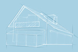 Fototapeta  - Dom mieszkalny wolnostojący. Szkic architektoniczny budynku na jasno niebieskim tle.