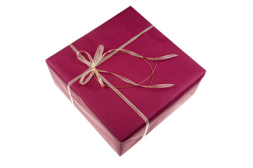 Red gift box with golden ribbon isolated on white background