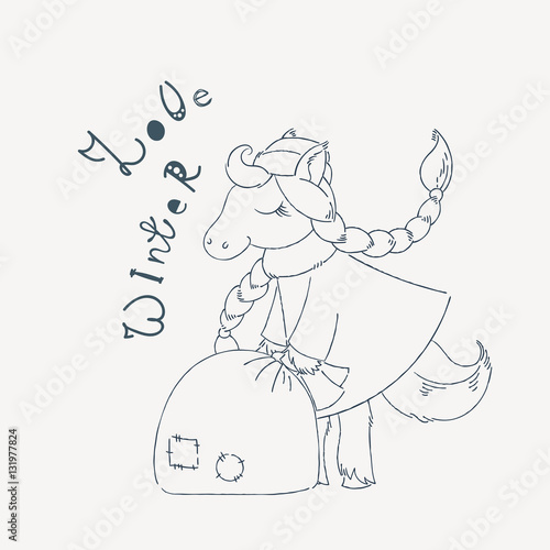 Poster New Year card with winter fairy Horse and big bag of presents.