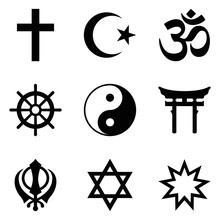 Symbols Of World Religions. Nine Signs Of Major Religious Groups And Principle Religions. Christianity, Islam, Hinduism, Buddhism, Taoism, Shinto, Sikhism, Judaism, Bahai Faith. Illustration. Vector.