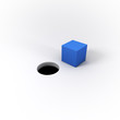 3D Illustrated Blue Square Peg and Round Hole on a Bright White Background
