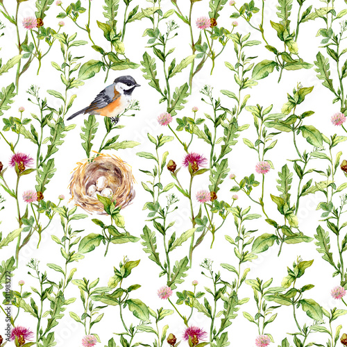 Cotton fabric Muster mit Kräutern, Vogel und Nest. Nahtlose Aquarell