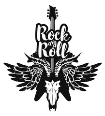 Wall Mural - vector illustration with an electric guitar and skull of goat and wings with inscription rock and roll