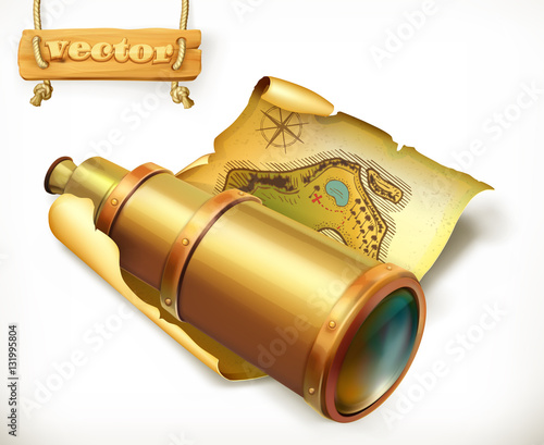 Map and spyglass. Adventure 3d vector icon