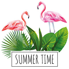 Wall Mural - Slogan summer time tropical leaves flamingo white background