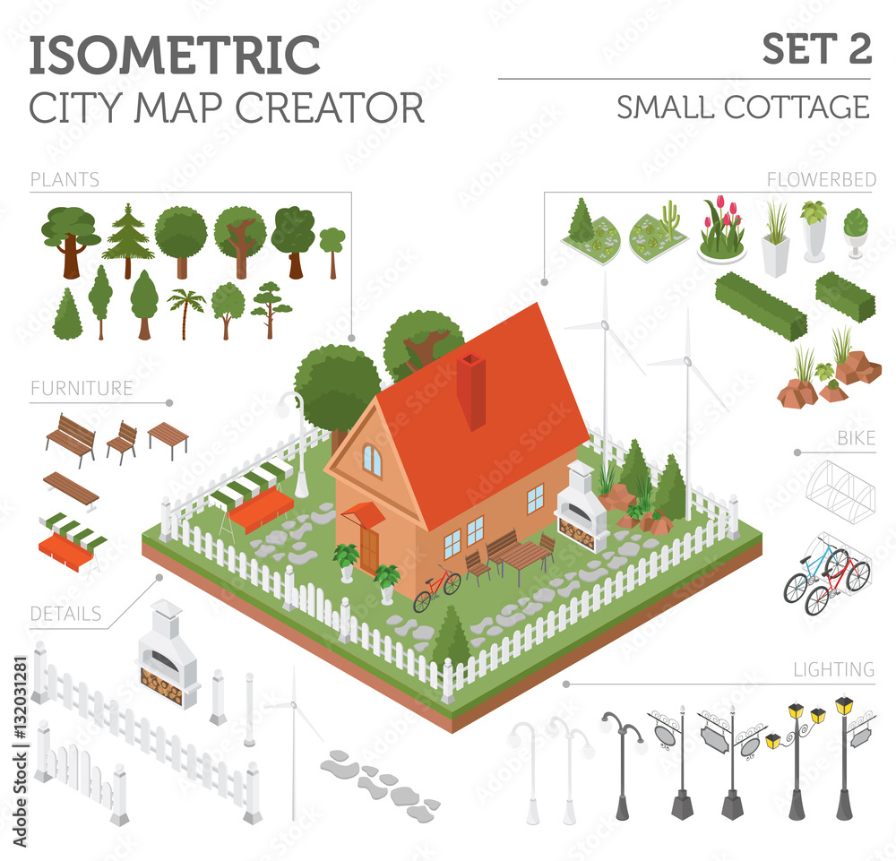 Flat 3d isometric house and city map constructor elements such a Stock ...