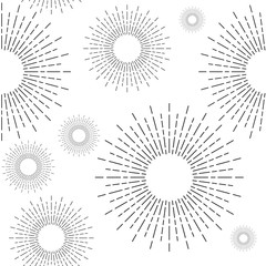 Sunshine rays seamless pattern in vintage style. Sunburst linear drawing texture. Retro stylized symbols of sun continuous background. Sunlight outline vector art in black and white colors.