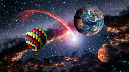 Wall Mural - hot air balloon outer space shooting star planet fairy tale stunning surreal fantasy landscape. elem