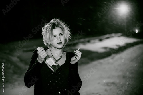 Black And White Portrait Of A Girl With A Cigarette Young