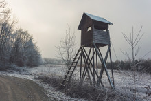 Hide By Forest Road. Winter Rural Landscape