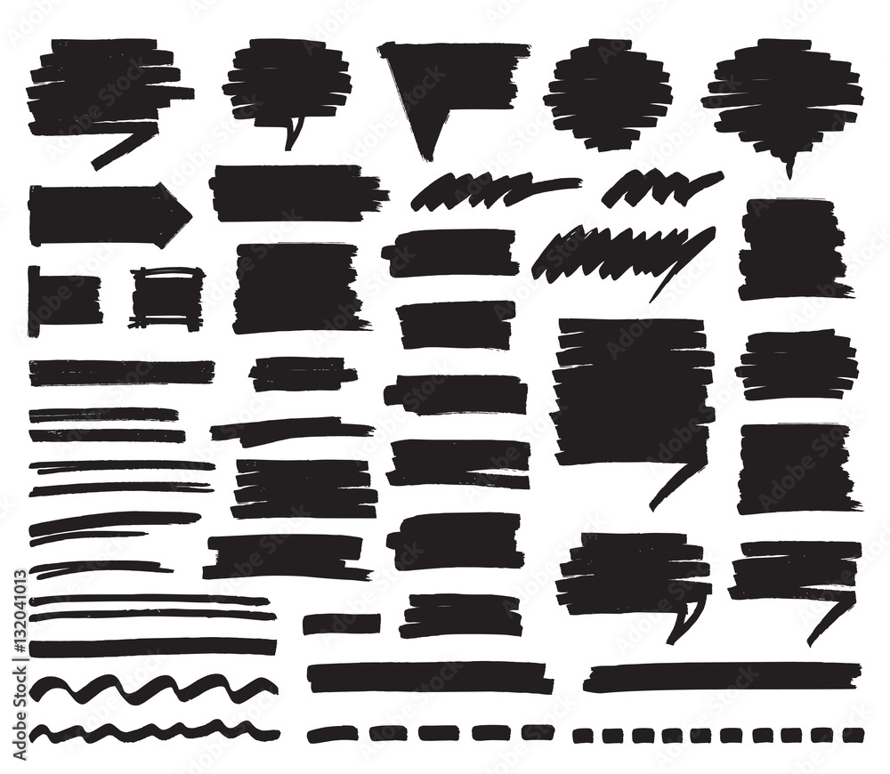 Set of black marker stripes, strokes, shaded speech bubbles and lines isolated on white. Hand drawn by felt pen vector symbols in eps8. - obrazy, fototapety, plakaty 