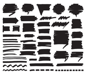 set of black marker stripes, strokes, shaded speech bubbles and lines isolated on white. hand drawn 