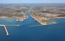 Aerial View Of The Welland Canal West Entrance During Spring, Ontario Canada 