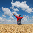 © sima - Agricultural scene, happy farmer in wheat field with hands and thumbs up
