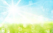 Light green, blue spring background with sun shine and blurry li