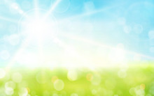 Light Green, Blue Spring Background With Sun Shine And Blurry Li