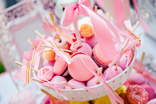 Pink Cupcakes And Macaroon Closeup