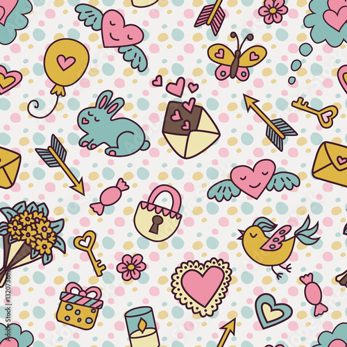 Cotton fabric Seamless pattern in cartoon style in pastel colors for Valentine’s Day.