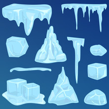 Set Of Ice Caps Snowdrifts And Icicles Elements Winter Decor Vector.