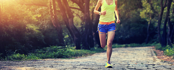 Wall Mural - young fitness woman running at forest trail