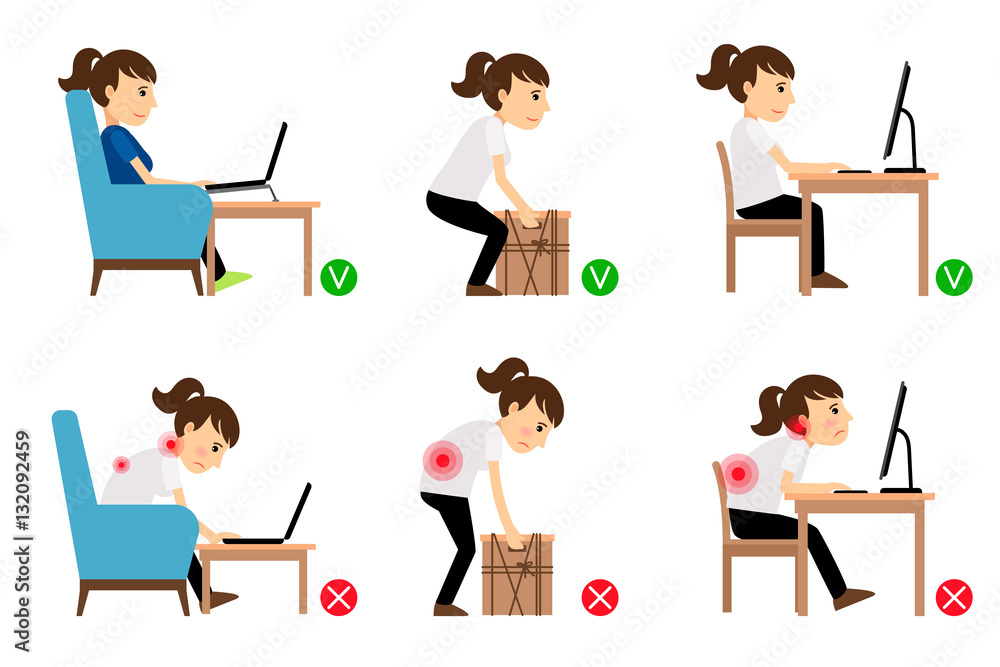 Keep Position Cartoon Woman cartoon character sitting and working correct and incorrect ...