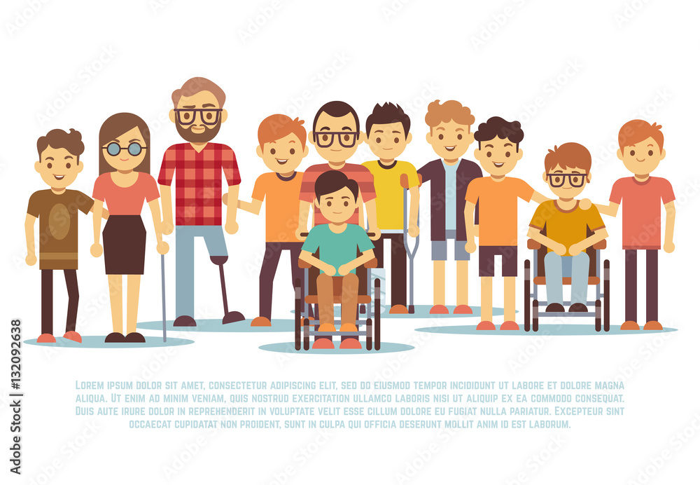 Disabled child, handicapped children, diverse students in wheelchair vector set - obrazy, fototapety, plakaty 
