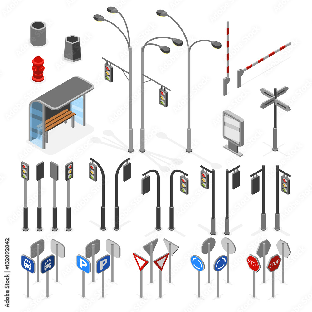 Isometric 3d street, road vector objects icons set Stock Vector | Adobe ...