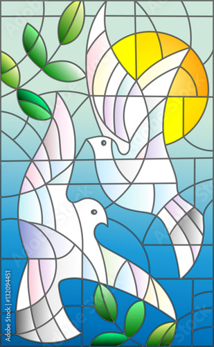 Naklejka na szybę Illustration in stained glass style with abstract pigeons, the sun and branches