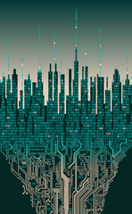 Sticker - City online. Abstract futuristic digital city, hi-tech information background