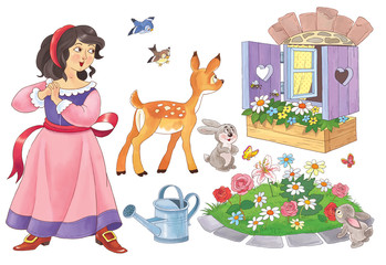 Wall Mural - The Snow White and seven dwarfs. Fairy tale. Illustration for children. Cute and funny cartoon characters