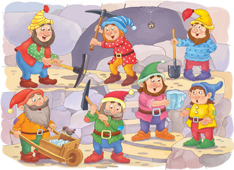 Wall Mural - The Snow White and seven dwarfs. Fairy tale. Coloring page. Cute and funny cartoon characters
