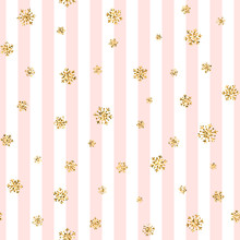 Christmas Gold Snowflake Seamless Pattern. Golden Glitter Snowflakes On Pink White Lines Background. Winter Snow Texture Design Wallpaper Symbol Holiday, New Year Celebration Vector Illustration