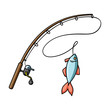 Fishing rod and fish icon in cartoon style isolated on white background. Fishing symbol stock vector illustration.