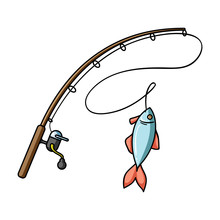 Fishing Rod And Fish Icon In Cartoon Style Isolated On White Background. Fishing Symbol Stock Vector Illustration.