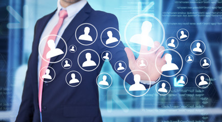 businessman touching technology interface with professional cont