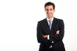 © javiindy - Businessman wearing blue suit and tie on white background.