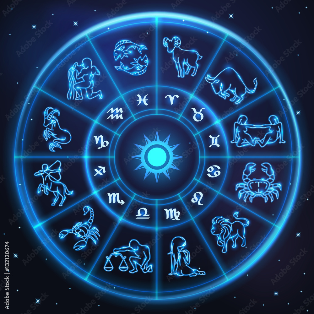 Light symbols of zodiac and horoscope circle, astrology - obrazy, fototapety, plakaty 
