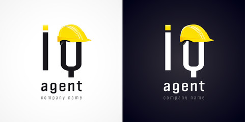 Sign of high-tech development company. IQ agent vector logo. Repair of computers and software service business icon. Sys admin of webpage symbol with building hat element. Construction helmet.