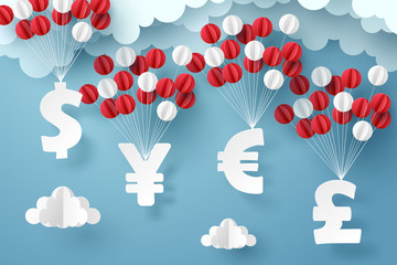 Wall Mural - Paper art group of currency sign hanging with colorful balloon