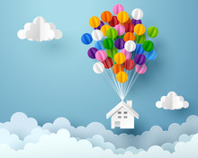 Paper Art Of House Hanging With Colorful Balloon
