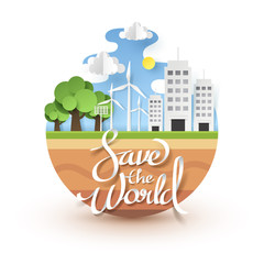 Wall Mural - Balance of tree and building on the earth with Save the world