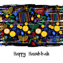 Wall Mural - Hanukkah greeting card with flowers, birds, wooden dreidels, donuts, chocolate coins, candles and menorah (traditional Candelabra). Happy Hanukkah, Jewish holiday background