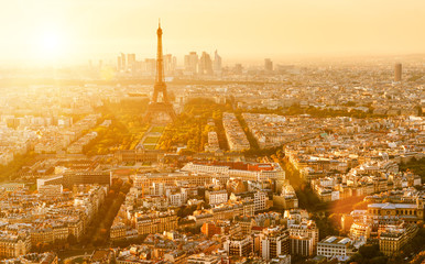 Wall Mural - Panorama of Paris at sunset, aerial sunny view of city, skyline, France