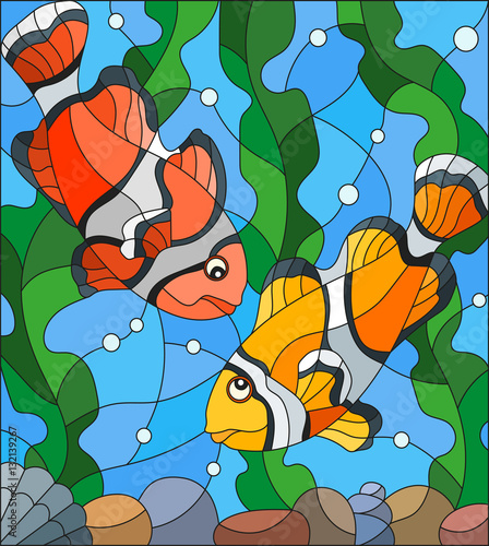 Naklejka na szybę Illustration in stained glass style with a pair of clown fish on the background of water and algae