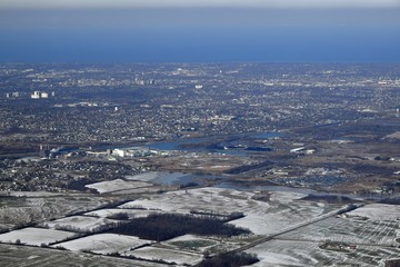 aerial view of the Mel Swart Lake Gibson Conservation Park near Thorold, Ontario Canada 