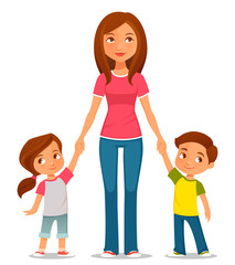 cute cartoon illustration of mother with two kids