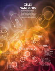 Cell background with futuristic interface elements. HUD UI for medical app. Futuristic user interface. Molecular research. Nanotechnology medicine concept. Nanorobots and cells.
