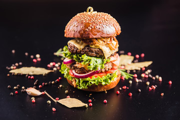 Juicy delicious burger with spices on a black background