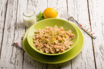 Canvas Print - butterfly pasta with fresh salmon wild fennel and grated lemon p