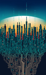 Sticker - City online. Abstract futuristic digital city, hi-tech information concept